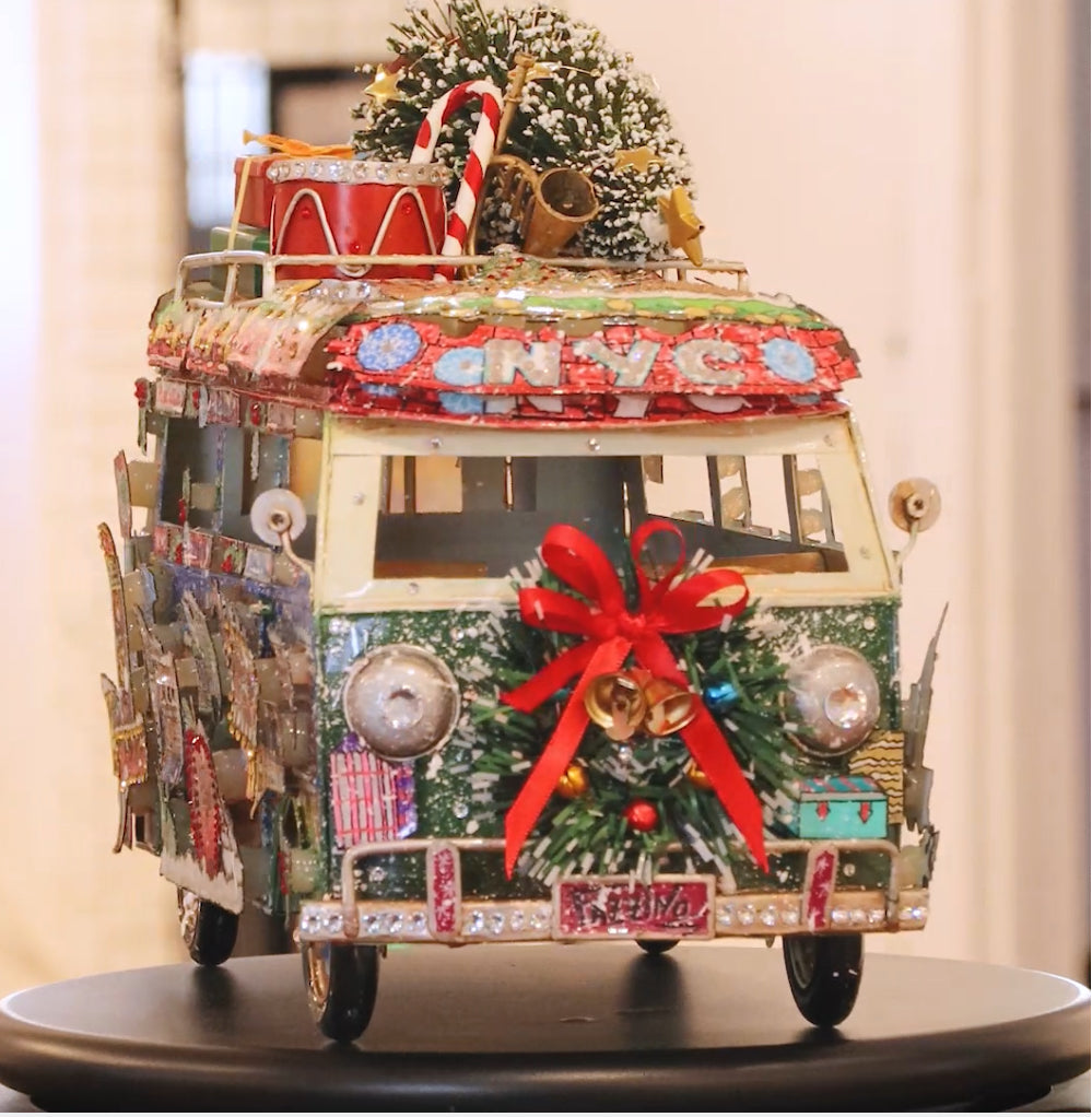 Holiday Bus Hand Painted 3D Metal Sculpture